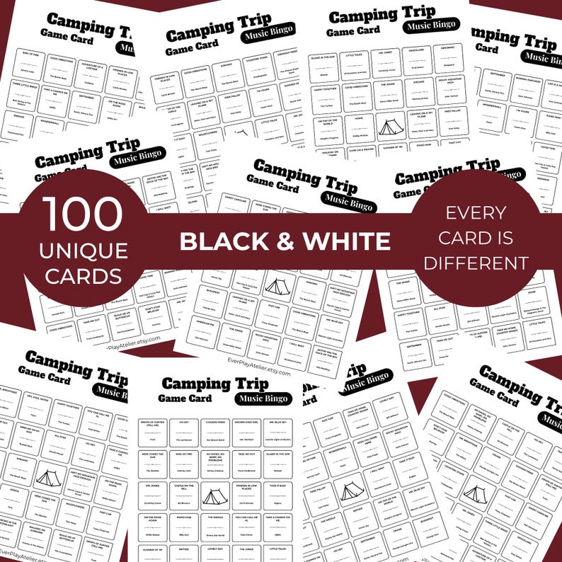 Puede incluir: Tarjetas de juego de bingo musical de viaje de campamento en blanco y negro. Las tarjetas presentan un dise&ntilde;o de cuadr&iacute;cula con varios temas de campamento. La imagen incluye texto: "100 tarjetas &uacute;nicas", "Blanco y negro" y "Cada tarjeta es diferente".