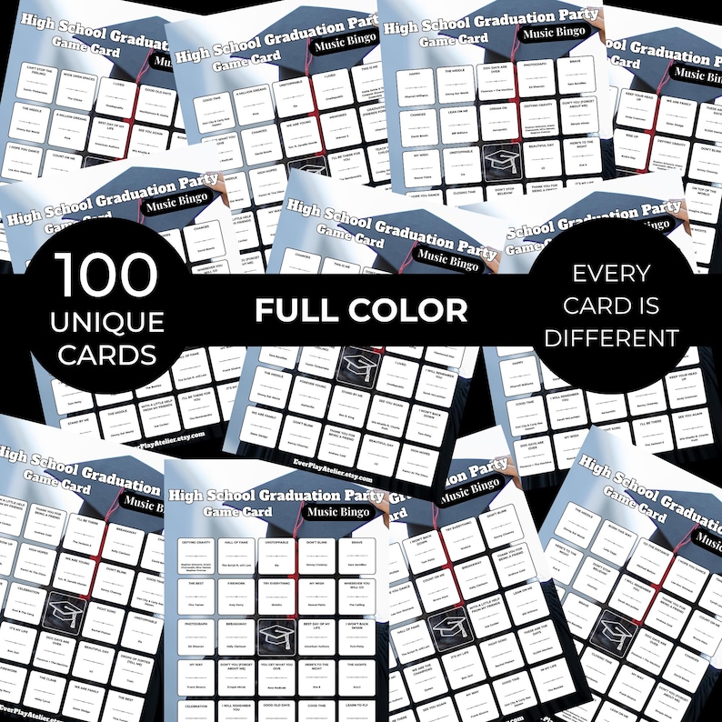 HIGH SCHOOL GRADUATION Party Music Bingo Game • 100 Printable Cards • 75 Songs • Spotify Playlist image 3