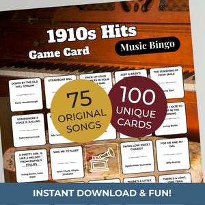 1910s Music Bingo Game | 100 Printable Cards | 75 Songs & Spotify Playlist | Digital Products Download image 1