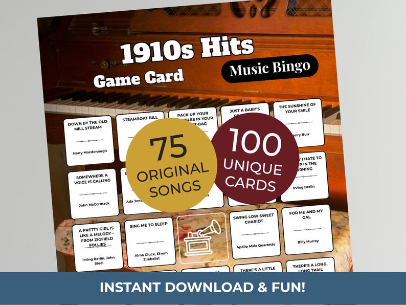 1910s Music Bingo Game | 100 Printable Cards | 75 Songs & Spotify Playlist | Digital Products Download image 1
