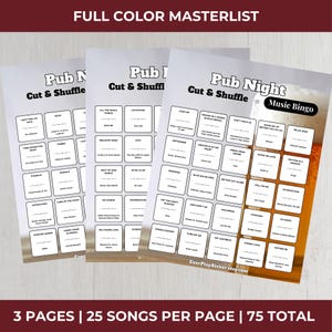 K&ouml;nnte beinhalten: Drei bedruckte Bl&auml;tter mit 'Pub Night Music Bingo' Spielkarten. Jede Karte zeigt ein Raster mit Songtiteln, mit dem Text 'Pub Night Cut & Shuffle' oben. Die Karten sind wei&szlig; mit schwarzem Text.