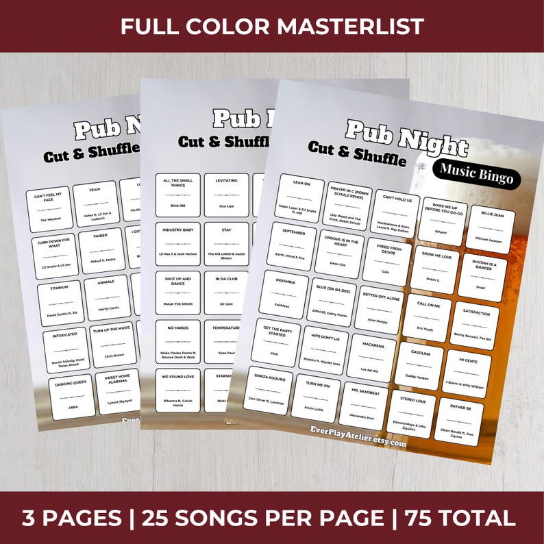 K&ouml;nnte beinhalten: Drei bedruckte Bl&auml;tter mit 'Pub Night Music Bingo' Spielkarten. Jede Karte zeigt ein Raster mit Songtiteln, mit dem Text 'Pub Night Cut & Shuffle' oben. Die Karten sind wei&szlig; mit schwarzem Text.