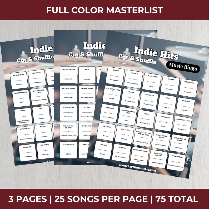 May include: Three printed sheets of Indie music bingo cards. Each card features a grid of song titles. The top of each card reads "Indie Cut & Shuffle" or "Indie Hits Music Bingo". The bottom banner reads "3 PAGES | 25 SONGS PER PAGE | 75 TOTAL".