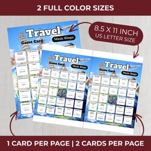 May include: Two travel-themed music bingo game cards featuring a blue sky background with the Leaning Tower of Pisa and Eiffel Tower. The cards include a grid of song titles and artists, an airplane graphic, and text stating 8.5 x 11 inch US letter size.