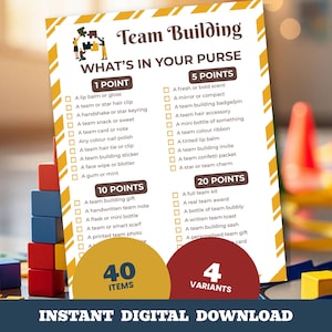 Peut inclure: Une carte de jeu blanche intitulée Team Building What's In Your Purse avec des bordures rayées jaunes. La carte liste des objets valant 1, 5, 10 et 20 points avec des cases à cocher. Deux cercles en bas indiquent 40 ITEMS et 4 VARIANTS.