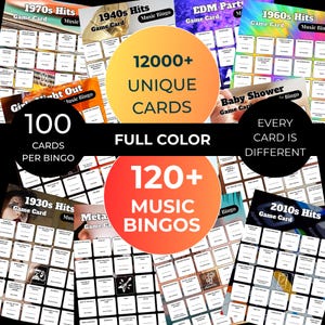 Pode incluir: Uma cole&ccedil;&atilde;o de cartelas de bingo musical. A imagem mostra v&aacute;rias cartelas de jogo com diferentes temas musicais, incluindo sucessos dos anos 70, 40 e 60. A imagem tamb&eacute;m destaca as principais caracter&iacute;sticas: mais de 120 bingos musicais, mais de 12.000 cartas &uacute;nicas e a cores.