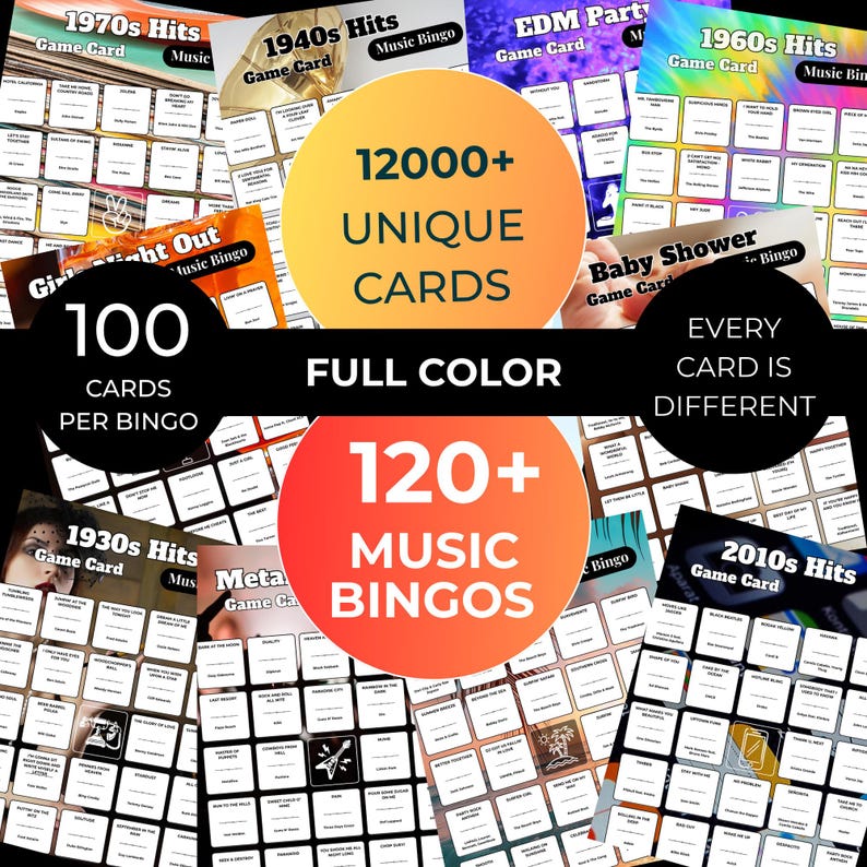 Pode incluir: Uma cole&ccedil;&atilde;o de cartelas de bingo musical. A imagem mostra v&aacute;rias cartelas de jogo com diferentes temas musicais, incluindo sucessos dos anos 70, 40 e 60. A imagem tamb&eacute;m destaca as principais caracter&iacute;sticas: mais de 120 bingos musicais, mais de 12.000 cartas &uacute;nicas e a cores.