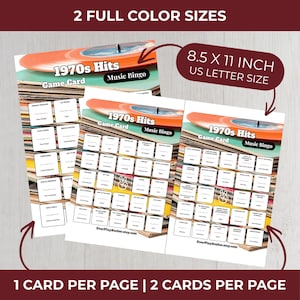 May include: Three "1970s Hits Music Bingo" game cards. Each card features a retro vinyl record design and a grid of song titles. The cards are 8.5 x 11 inches in size and are labeled "US Letter Size". The text "2 FULL COLOR SIZES" and "1 CARD PER PAGE | 2 CARDS PER PAGE" are also visible.