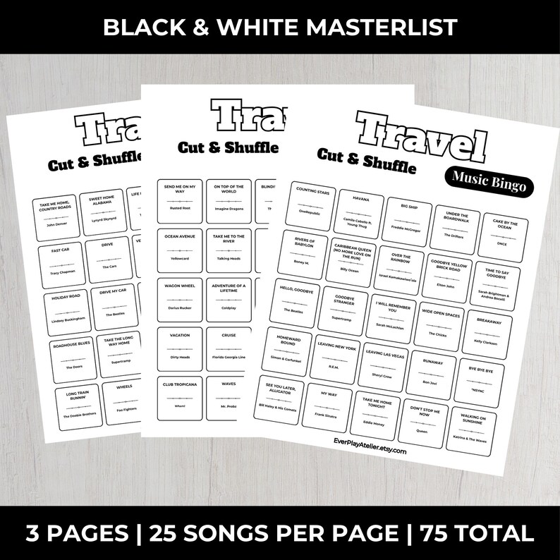 May include: Three white sheets of paper featuring a black and white Travel Music Bingo game. Each page includes the title Travel Cut & Shuffle, a 5x5 grid of song titles and artists, and the website EverPlayAtelier.etsy.com at the bottom.