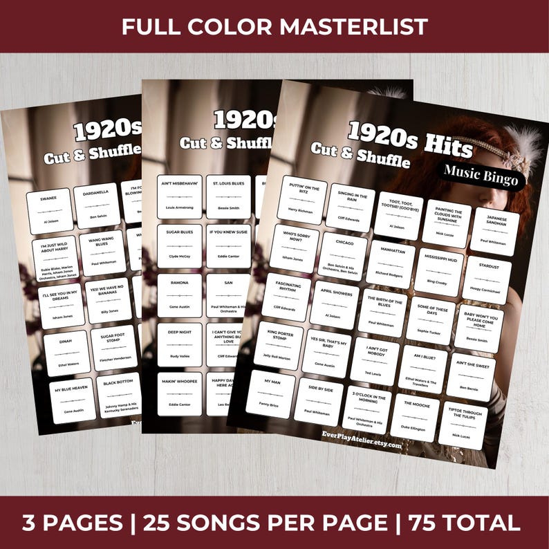 1920s Music Bingo • Roaring Twenties Game • 100 Printable Cards • 75 Songs & Spotify Playlist (Download) zdjęcie 13