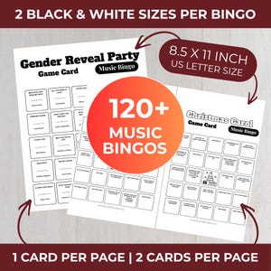 Pode incluir: Duas cartas de jogo de bingo musical em preto e branco. Uma &eacute; para uma festa de revela&ccedil;&atilde;o de g&eacute;nero e a outra para can&ccedil;&otilde;es de Natal. As cartas t&ecirc;m 21,6 x 27,9 cm e t&ecirc;m mais de 120 bingos musicais.