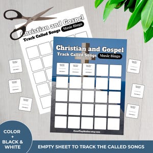 May include: Two Christian and Gospel Music Bingo sheets with a cross graphic, plus small cards for song titles and artist names. The sheets are white with black text and a blue background. Scissors are in the upper left corner. The text reads "Track Called Songs Music Bingo".