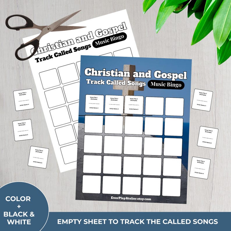 May include: Two Christian and Gospel Music Bingo sheets with a cross graphic, plus small cards for song titles and artist names. The sheets are white with black text and a blue background. Scissors are in the upper left corner. The text reads "Track Called Songs Music Bingo".