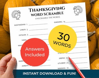 THANKSGIVING Word Scramble Game • 30 words • Group Trivia Quiz (included!) • Printable Puzzle (Digital Download)