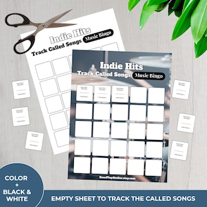May include: Two sheets of "Indie Hits Track Called Songs Music Bingo" game sheets with blank squares, along with small cards and scissors. The text "COLOR + BLACK & WHITE" and "EMPTY SHEET TO TRACK THE CALLED SONGS" are also visible.