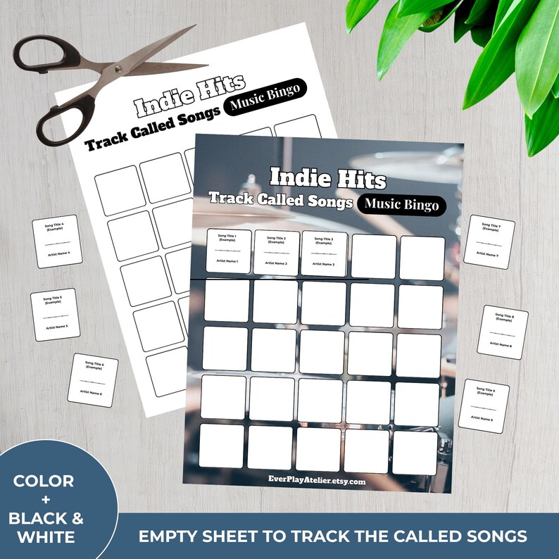 May include: Two sheets of "Indie Hits Track Called Songs Music Bingo" game sheets with blank squares, along with small cards and scissors. The text "COLOR + BLACK & WHITE" and "EMPTY SHEET TO TRACK THE CALLED SONGS" are also visible.