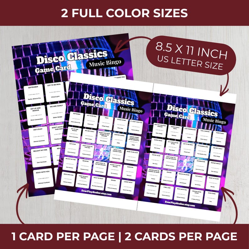 May include: Two "Disco Classics Music Bingo" game cards. The cards are 8.5 x 11 inches in size. The cards have a purple and white color scheme. The text on the cards includes "Disco Classics Game Card Music Bingo". The cards are available in two full color sizes.