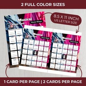 Peut inclure: Deux cartes de jeu de bingo sur le th&egrave;me de la musique avec le texte "Musical Game Card" et "Music Bingo". Les cartes mesurent 21,6 x 27,9 cm et pr&eacute;sentent des titres de com&eacute;dies musicales. Le texte "2 FULL COLOR SIZES" est en haut.