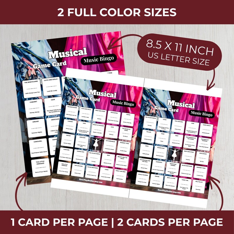 Peut inclure: Deux cartes de jeu de bingo sur le th&egrave;me de la musique avec le texte "Musical Game Card" et "Music Bingo". Les cartes mesurent 21,6 x 27,9 cm et pr&eacute;sentent des titres de com&eacute;dies musicales. Le texte "2 FULL COLOR SIZES" est en haut.