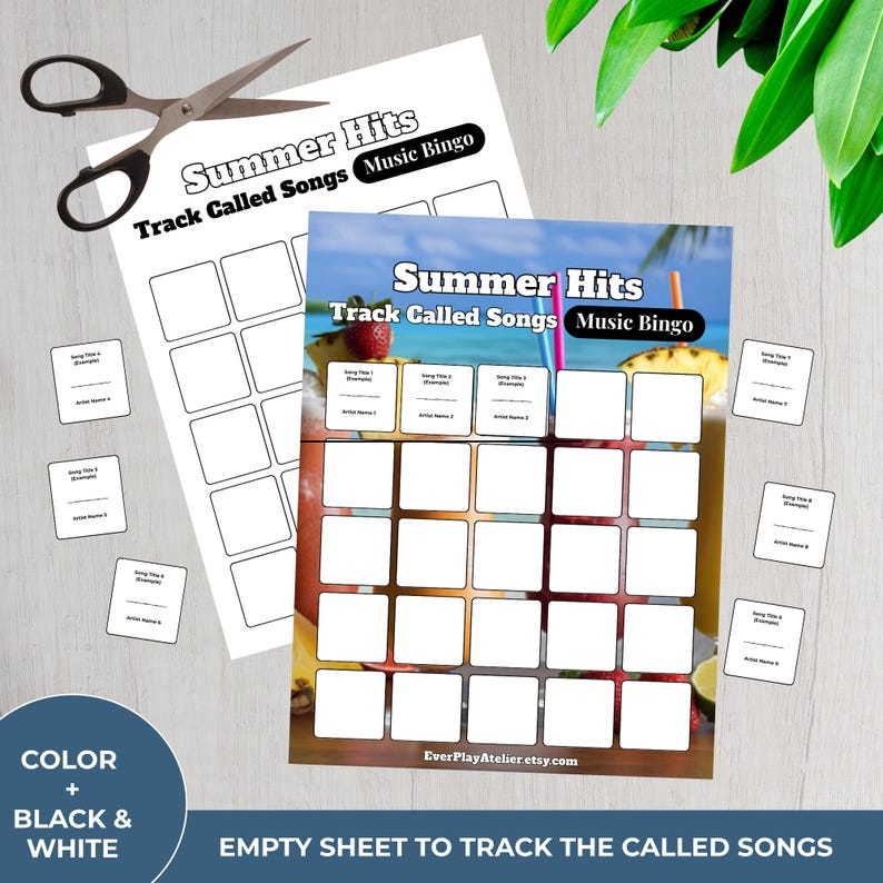 Puede incluir: Una colorida hoja de juego "Summer Hits Music Bingo" con casillas en blanco para rastrear canciones. Incluye una versi&oacute;n en blanco y negro, peque&ntilde;as tarjetas de t&iacute;tulos de canciones y unas tijeras. El fondo presenta una bebida tropical.