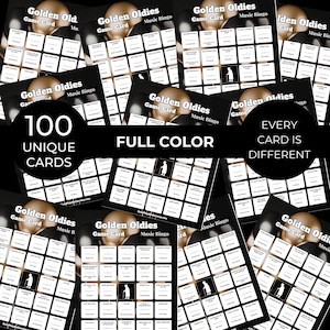 Op de afbeelding: Een verzameling "Golden Oldies" muziekbingo-kaarten. Elke kaart heeft een raster van vakjes met songtitels en artiestennamen. De afbeelding bevat de tekst "100 unieke kaarten", "Volle kleur" en "Elke kaart is anders".