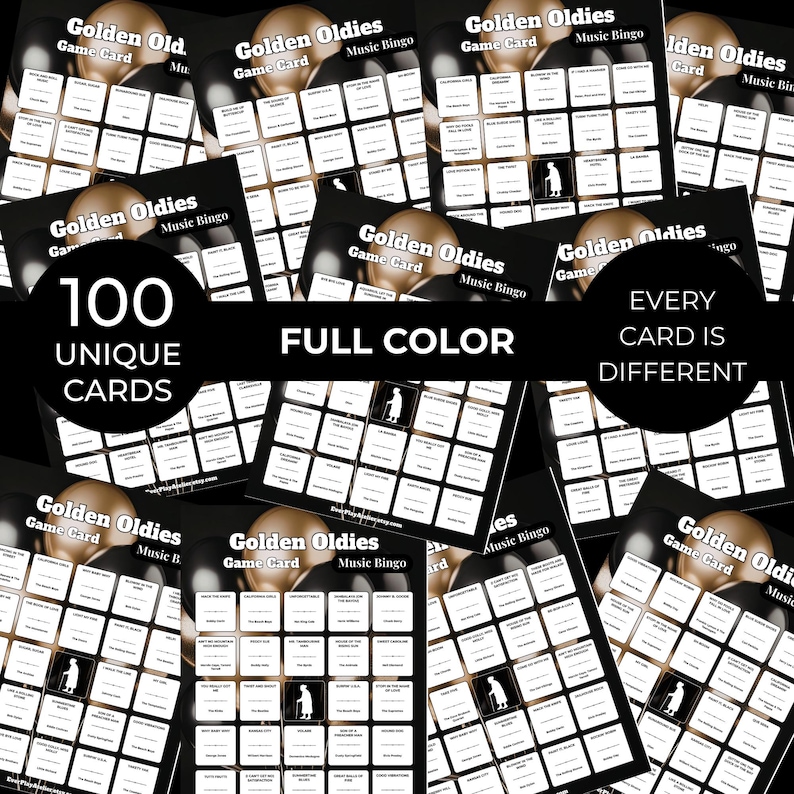 Op de afbeelding: Een verzameling "Golden Oldies" muziekbingo-kaarten. Elke kaart heeft een raster van vakjes met songtitels en artiestennamen. De afbeelding bevat de tekst "100 unieke kaarten", "Volle kleur" en "Elke kaart is anders".