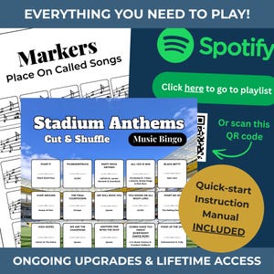 May include: A Stadium Anthems Music Bingo game set featuring a grid of song titles and artists, a Spotify logo with a QR code for a playlist, a markers instruction sheet, and a gold circle graphic labeled Quick-start Instruction Manual INCLUDED.