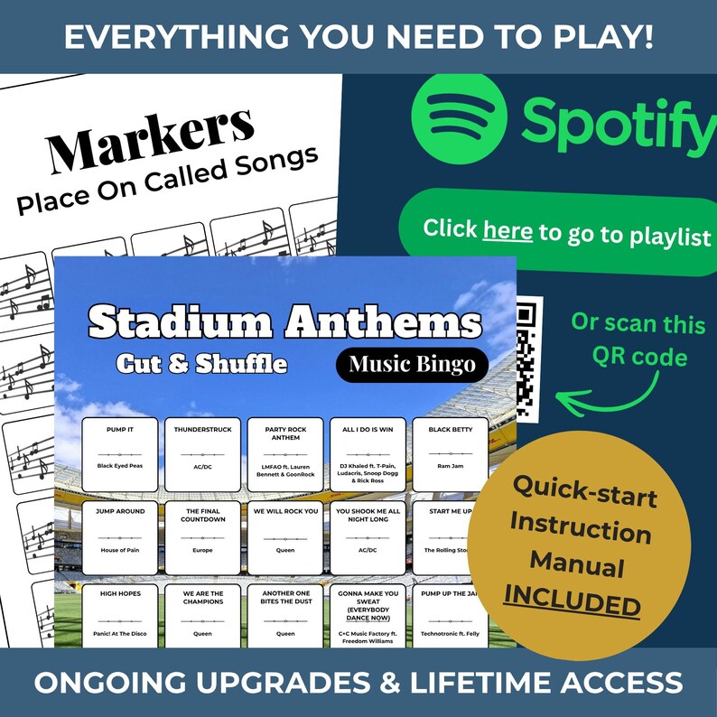 May include: A Stadium Anthems Music Bingo game set featuring a grid of song titles and artists, a Spotify logo with a QR code for a playlist, a markers instruction sheet, and a gold circle graphic labeled Quick-start Instruction Manual INCLUDED.