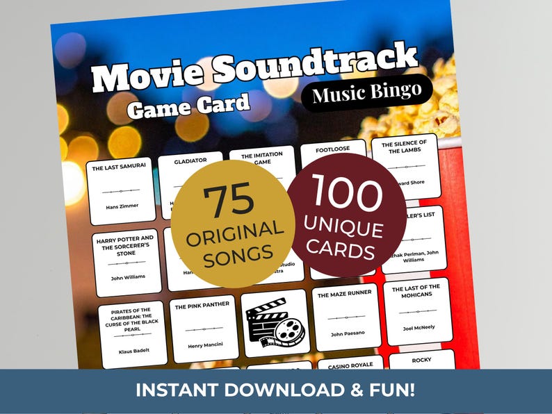 MOVIES SOUNDTRACK Music Bingo Game • 100 Printable Cards • 75 Songs • Spotify Playlist (Digital Download) bild 1