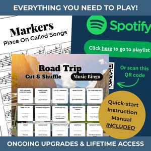 May include: A music-themed game set with the text "Markers Place On Called Songs" and "Road Trip Music Bingo." Includes a QR code, Spotify logo, and a quick-start instruction manual. The bingo cards feature song titles.