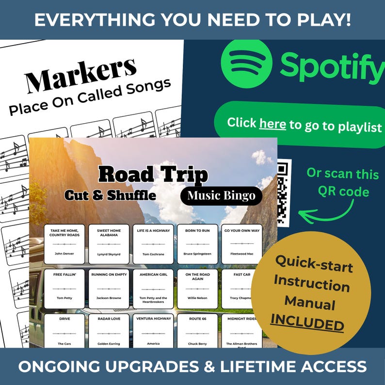 May include: A music-themed game set with the text "Markers Place On Called Songs" and "Road Trip Music Bingo." Includes a QR code, Spotify logo, and a quick-start instruction manual. The bingo cards feature song titles.