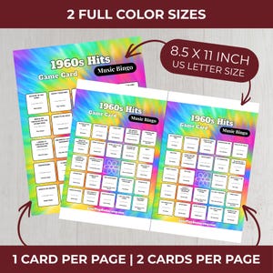 May include: Two 1960s Hits Music Bingo game cards. Each card is 8.5 x 11 inches. The cards have a tie-dye background with the text "1960s Hits Game Card Music Bingo". The cards have a grid of boxes with song titles.