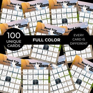 May include: A collection of "Road Trip Music Bingo" game cards. Each card features a grid with song titles and road trip-themed graphics. The cards are full color, with 100 unique cards, and the text "Every card is different".