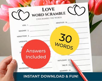 LOVE Word Scramble Game • 30 words • Group Trivia Quiz (included!) • Printable Puzzle (Digital Download)