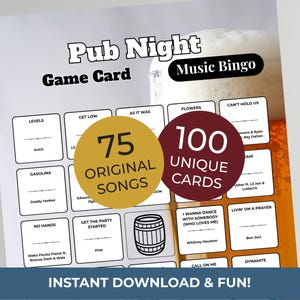 K&ouml;nnte beinhalten: Eine Pub Night Music Bingo Spielkarte mit Bierhintergrund. Die Karte enth&auml;lt 75 Originalsongs und 100 einzigartige Karten. Der Text "Instant Download & Fun!" steht unten.