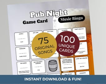 Pub Night MUSIC BINGO Game | 100 Printable Cards + 75 Songs & Spotify Playlist (Digital Products)