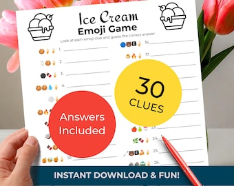 Ice Cream Flavors EMOJI Game • Pictionary Trivia Quiz • 30 Clues • Printable Cards (Digital Download)