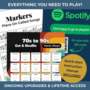 May include: A music game set featuring markers, song cards, and a music bingo card. The set includes a quick-start instruction manual. The cards display song titles from the 70s to 90s.
