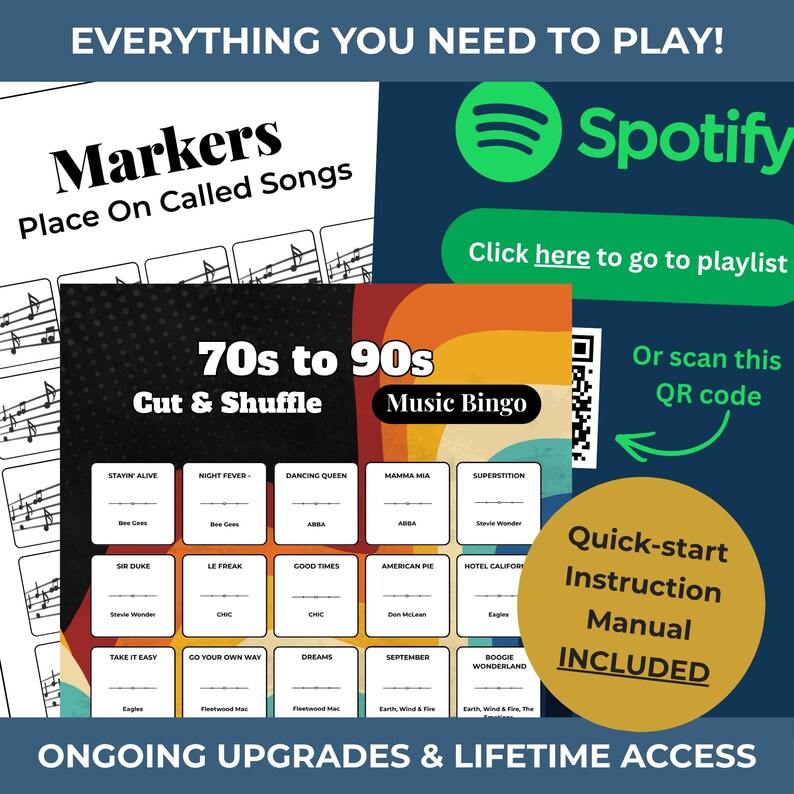 May include: A music game set featuring markers, song cards, and a music bingo card. The set includes a quick-start instruction manual. The cards display song titles from the 70s to 90s.