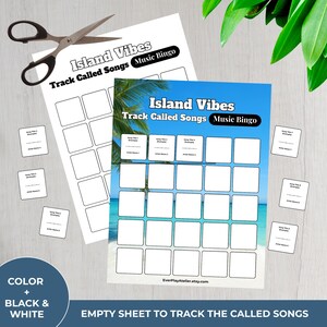 Puede incluir: Dos hojas de bingo musical "Island Vibes" con un fondo de escena de playa tropical. Las hojas tienen cuadrados en blanco para t&iacute;tulos de canciones y nombres de artistas. Tambi&eacute;n hay tijeras y peque&ntilde;as tarjetas de t&iacute;tulos de canciones.