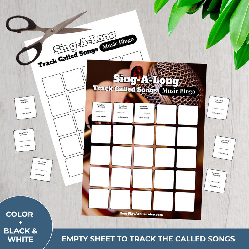 K&ouml;nnte beinhalten: Ein schwarz-wei&szlig;es "Sing-A-Long" Musik-Bingo-Spielblatt mit leeren Feldern zum Verfolgen von Liedern. Enth&auml;lt kleine Karten f&uuml;r Songtitel und K&uuml;nstlernamen sowie eine Schere. Der Text "Track Called Songs Music Bingo" ist sichtbar.