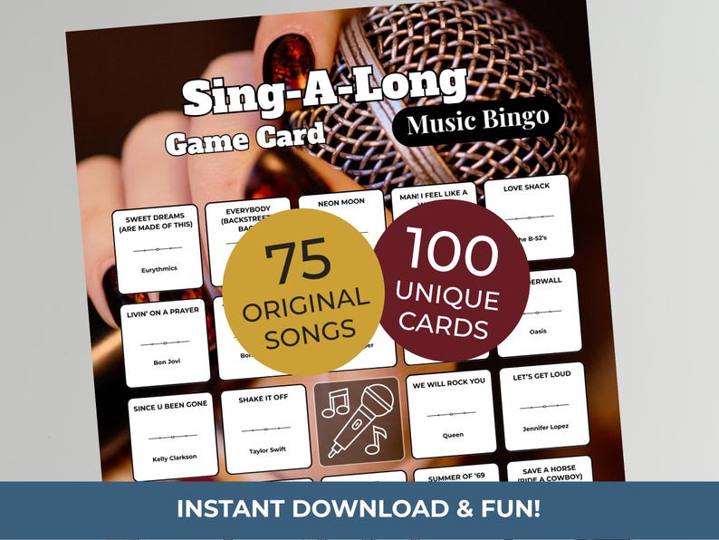 K&ouml;nnte beinhalten: Eine Sing-A-Long Music Bingo Spielkarte mit 75 Originalsongs und 100 einzigartigen Karten. Die Karte zeigt Songtitel und K&uuml;nstlernamen mit einer Mikrofon-Grafik. Der Text "INSTANT DOWNLOAD & FUN!" ist ebenfalls sichtbar.