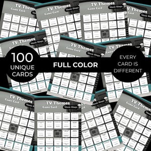 Puede incluir: Un conjunto de tarjetas de juego "TV Themes Music Bingo". Cada tarjeta presenta una cuadr&iacute;cula de t&eacute;rminos relacionados con programas de televisi&oacute;n y un gr&aacute;fico de televisi&oacute;n retro. Las tarjetas son a todo color y tienen el texto "100 tarjetas &uacute;nicas" y "Cada tarjeta es diferente".