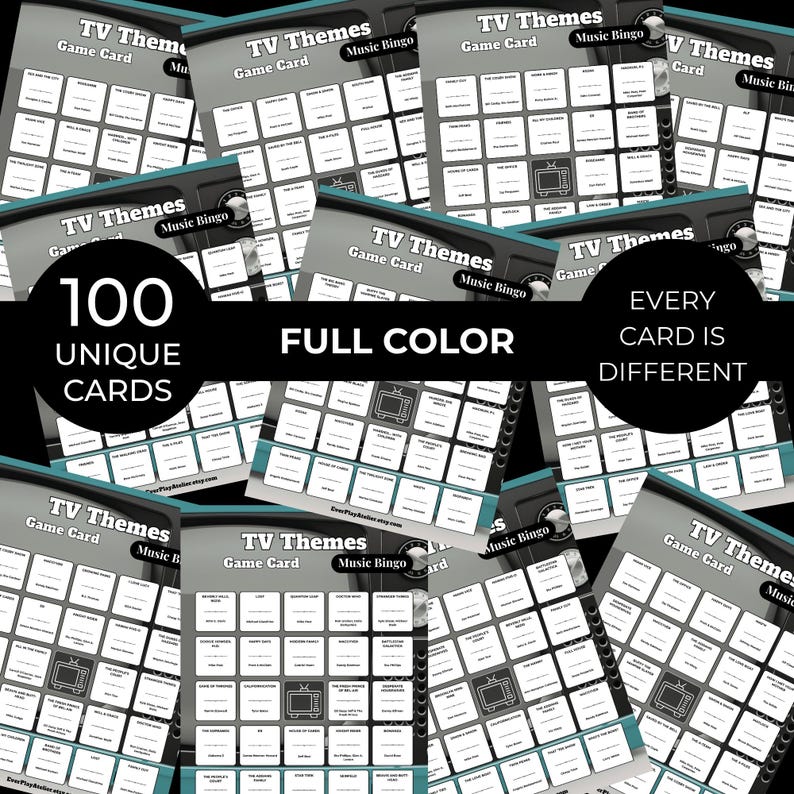 Puede incluir: Un conjunto de tarjetas de juego "TV Themes Music Bingo". Cada tarjeta presenta una cuadr&iacute;cula de t&eacute;rminos relacionados con programas de televisi&oacute;n y un gr&aacute;fico de televisi&oacute;n retro. Las tarjetas son a todo color y tienen el texto "100 tarjetas &uacute;nicas" y "Cada tarjeta es diferente".