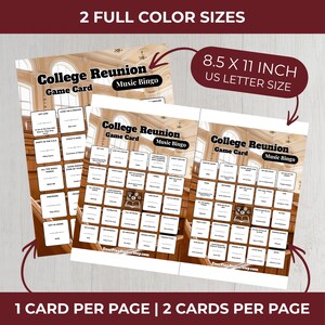 Pode incluir: Duas cartas de jogo "College Reunion Music Bingo". Cada carta tem 21,6 x 27,9 cm. As cartas t&ecirc;m um fundo bege com uma grade de caixas contendo t&iacute;tulos de m&uacute;sicas. O texto "2 FULL COLOR SIZES" e "US LETTER SIZE" tamb&eacute;m s&atilde;o vis&iacute;veis.