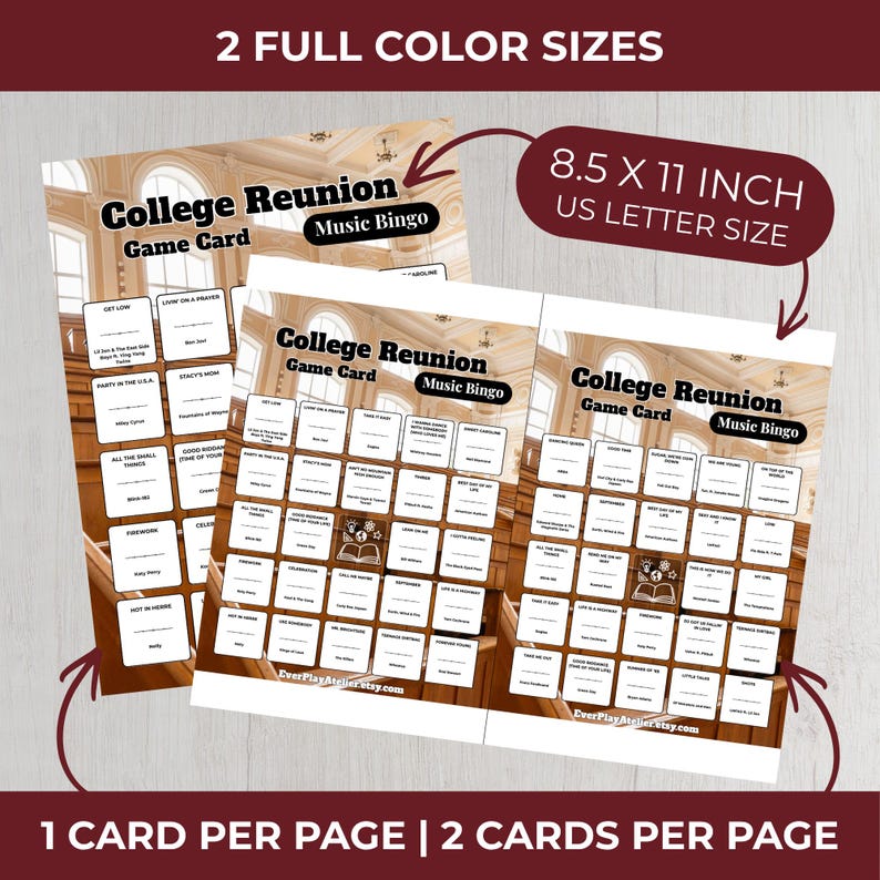 Pode incluir: Duas cartas de jogo "College Reunion Music Bingo". Cada carta tem 21,6 x 27,9 cm. As cartas t&ecirc;m um fundo bege com uma grade de caixas contendo t&iacute;tulos de m&uacute;sicas. O texto "2 FULL COLOR SIZES" e "US LETTER SIZE" tamb&eacute;m s&atilde;o vis&iacute;veis.