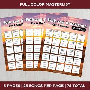 Może przedstawiać: Trzy strony kart "Folk and Americana Music Bingo" z tłem zachodu słońca. Każda karta zawiera tytuły piosenek w białych polach. Na g&oacute;rze kart widnieje napis "Folk and Americana" i "Cut & Shuffle". Na dole obrazu widnieje napis "3 PAGES | 25 SONGS PER PAGE | 75 TOTAL".
