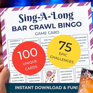 SING-A-LONG Bar Crawl Bingo • 75 challenges • 100 cards • Scavenger Hunt •  Drinking Games •  Printable Download