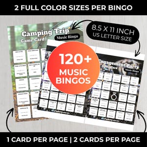 Pode incluir: Duas cartas de jogo de bingo musical com os textos "Camping Trip" e "Engagement Party". As cartas medem 21,6 x 27,9 cm e apresentam t&iacute;tulos de m&uacute;sicas nas casas de bingo. A imagem tamb&eacute;m inclui o texto "120+ Music Bingos".