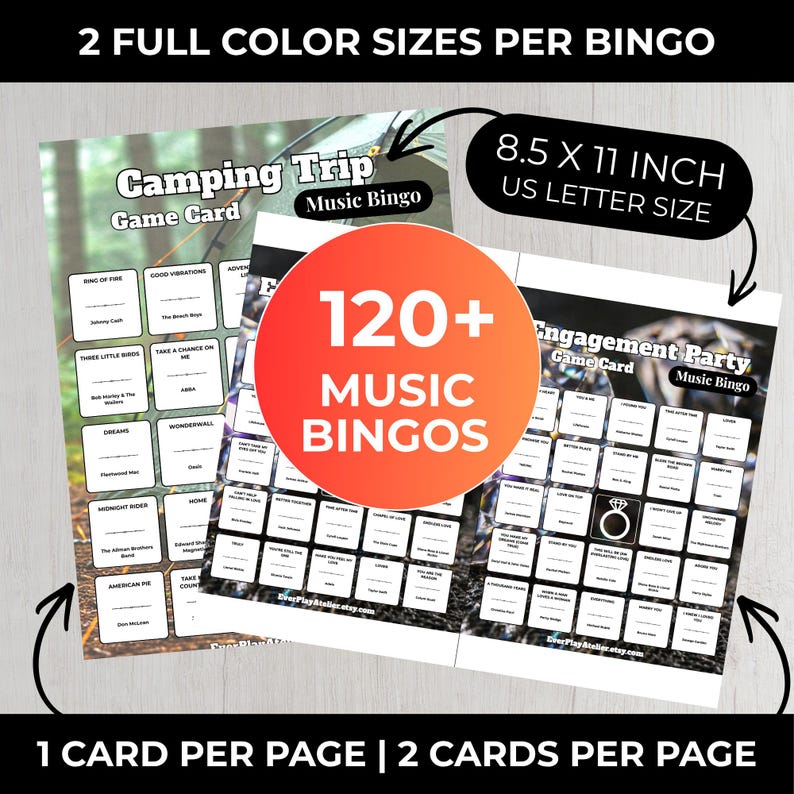 Pode incluir: Duas cartas de jogo de bingo musical com os textos "Camping Trip" e "Engagement Party". As cartas medem 21,6 x 27,9 cm e apresentam t&iacute;tulos de m&uacute;sicas nas casas de bingo. A imagem tamb&eacute;m inclui o texto "120+ Music Bingos".